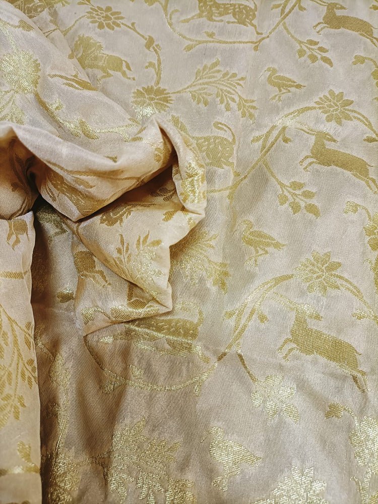 Cream Banarasi Silk Shikargha Design Fabric (1Mtr) - Luxurion World