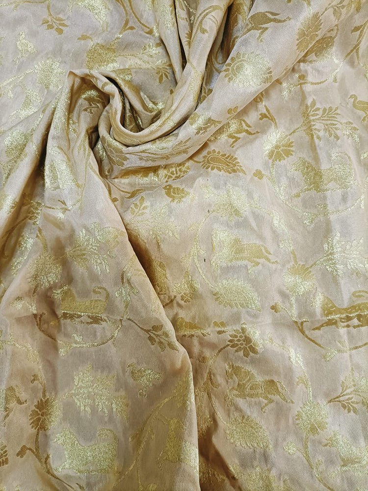 Cream Banarasi Silk Shikargha Design Fabric (1Mtr) - Luxurion World