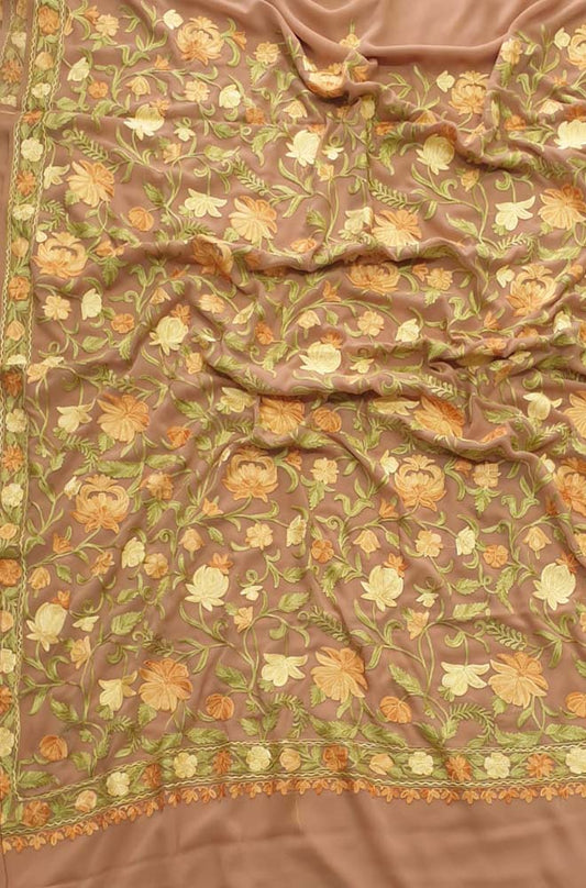 Cream Embroidered Kashmiri Aari Work Georgette Floral Design Saree - Luxurion World