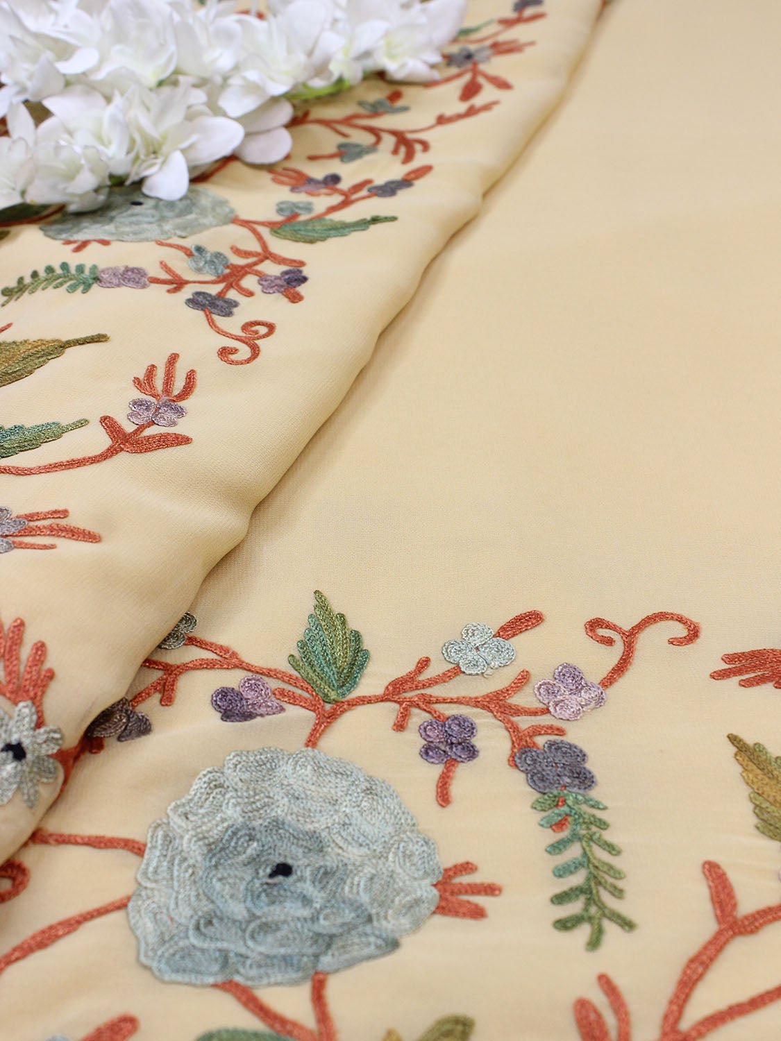 Cream Embroidered Kashmiri Aari Work Georgette Saree - Luxurion World