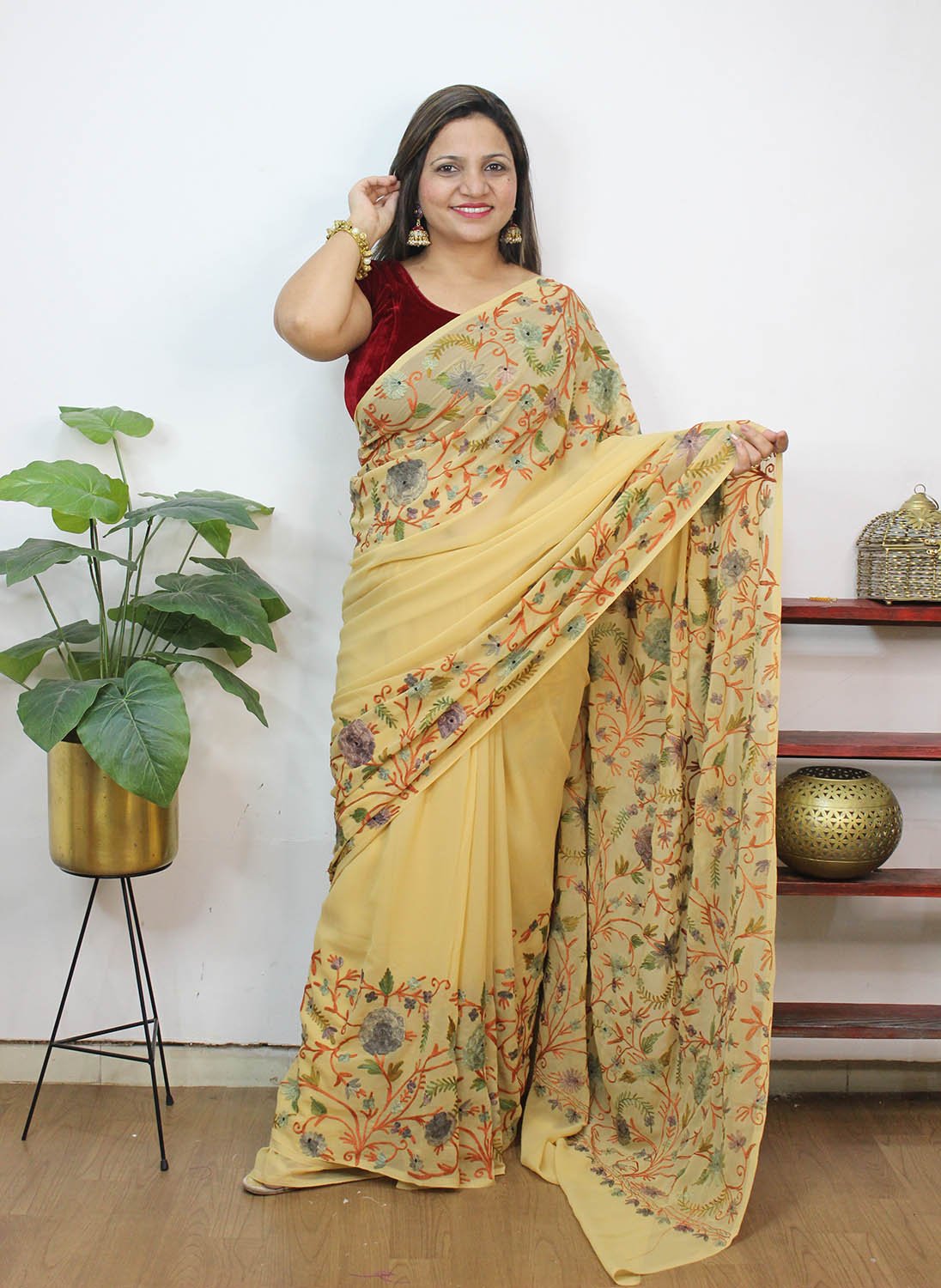 Cream Embroidered Kashmiri Aari Work Georgette Saree - Luxurion World