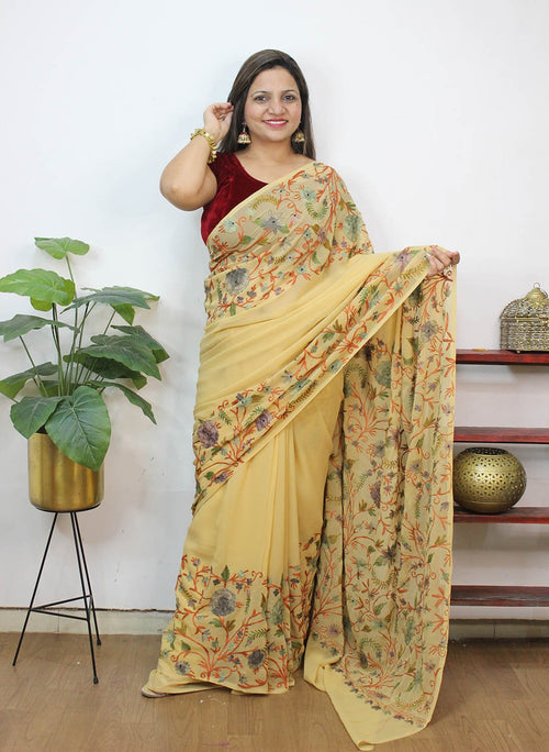 Cream Embroidered Kashmiri Aari Work Georgette Saree - Luxurion World
