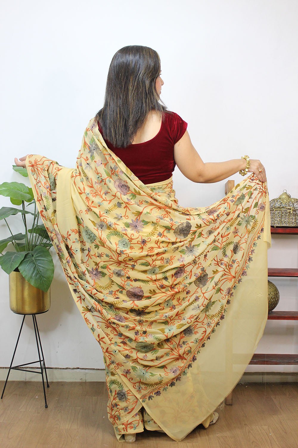 Cream Embroidered Kashmiri Aari Work Georgette Saree - Luxurion World