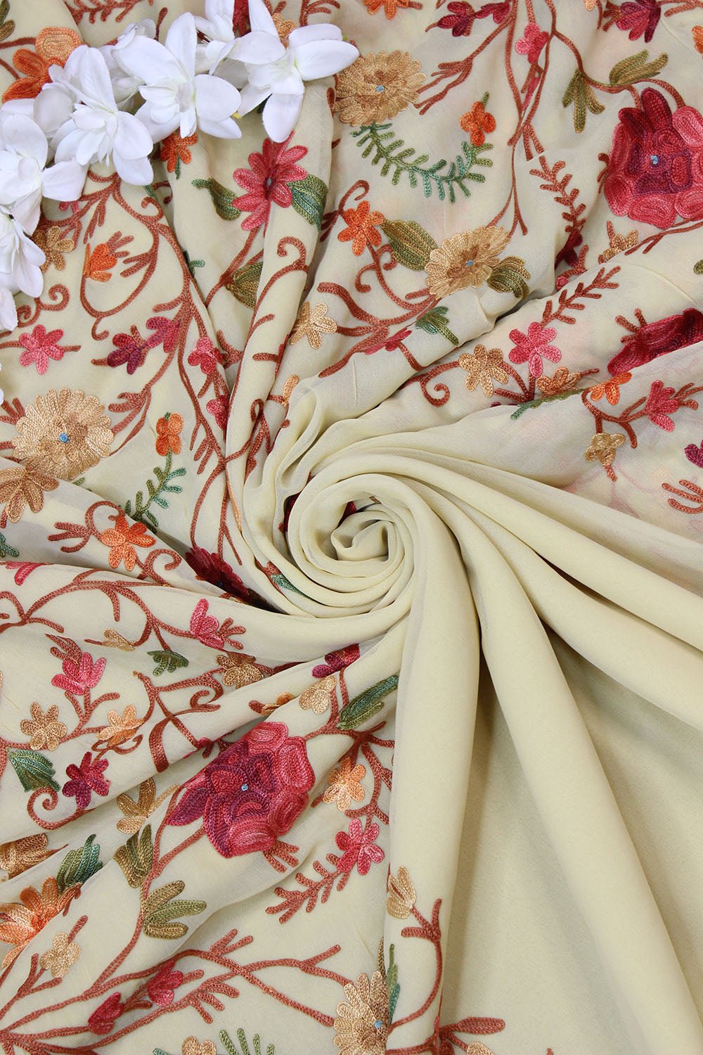 Cream Embroidered Kashmiri Aari Work Georgette Saree - Luxurion World