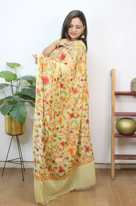 Cream Embroidered Kashmiri Aari Work Georgette Saree - Luxurion World