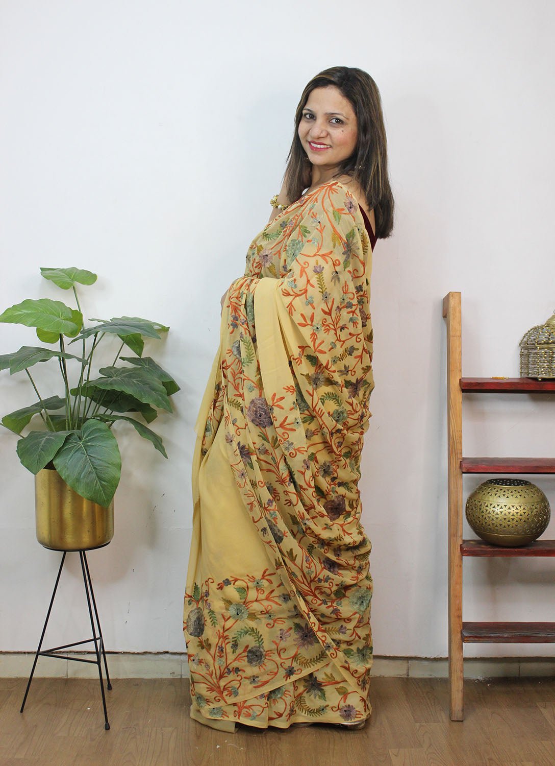 Cream Embroidered Kashmiri Aari Work Georgette Saree - Luxurion World