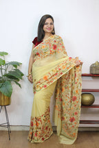 Cream Embroidered Kashmiri Aari Work Georgette Saree - Luxurion World
