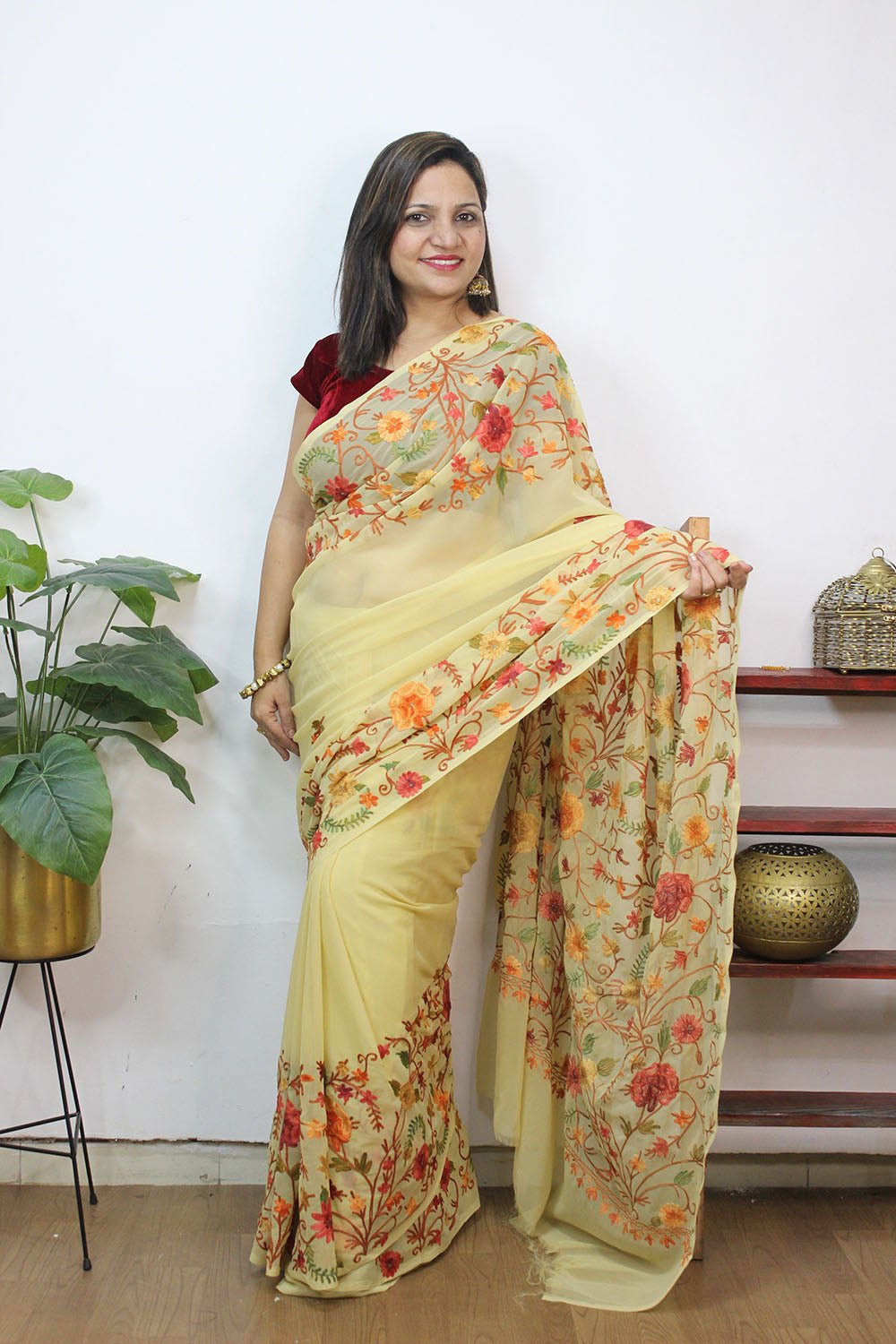 Cream Embroidered Kashmiri Aari Work Georgette Saree - Luxurion World