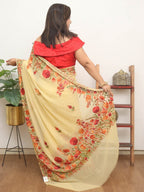 Cream Embroidered Kashmiri Aari Work Georgette Saree - Luxurion World
