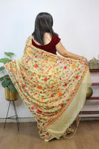 Cream Embroidered Kashmiri Aari Work Georgette Saree - Luxurion World