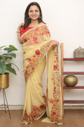 Cream Embroidered Kashmiri Aari Work Georgette Saree - Luxurion World