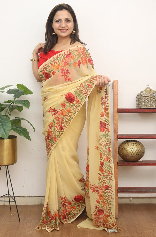Cream Embroidered Kashmiri Aari Work Georgette Saree - Luxurion World
