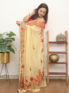 Cream Embroidered Kashmiri Aari Work Georgette Saree - Luxurion World