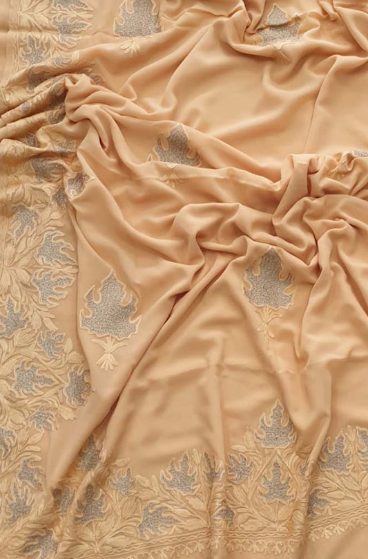 Cream Embroidered Kashmiri Aari Work Georgette Saree - Luxurion World