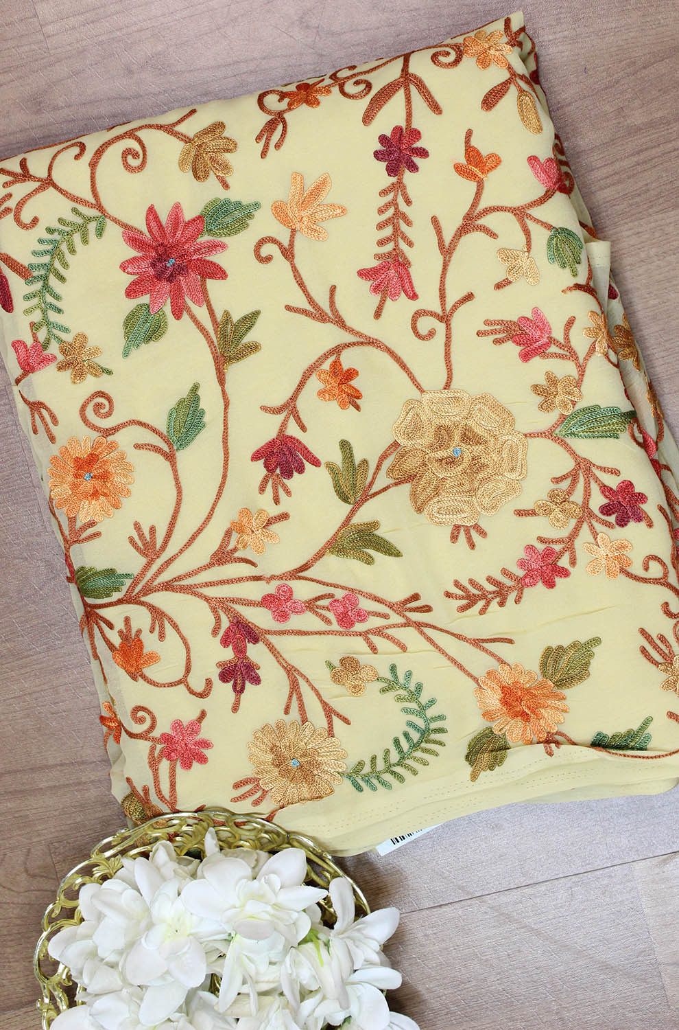 Cream Embroidered Kashmiri Aari Work Georgette Saree - Luxurion World