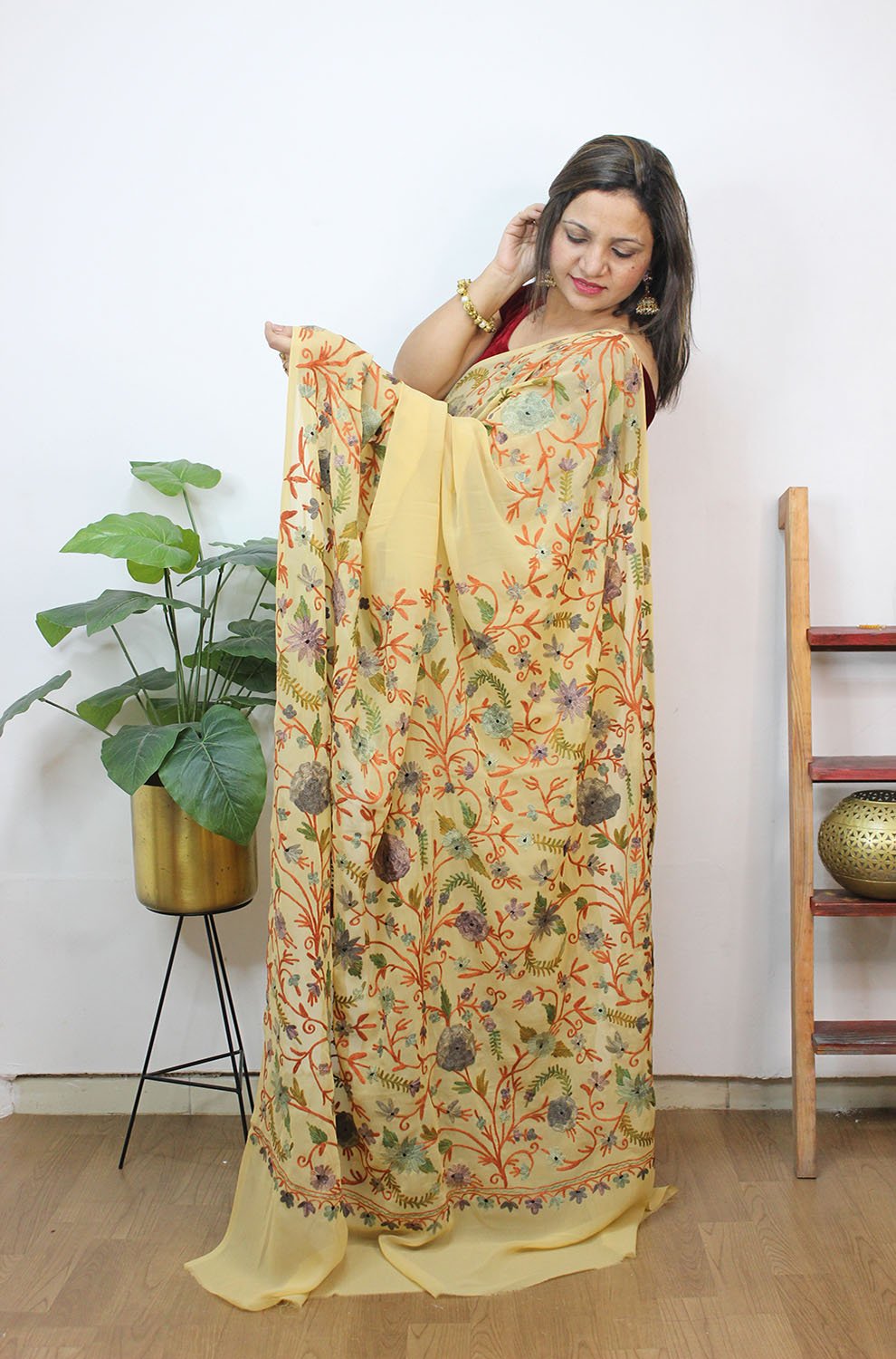 Cream Embroidered Kashmiri Aari Work Georgette Saree - Luxurion World