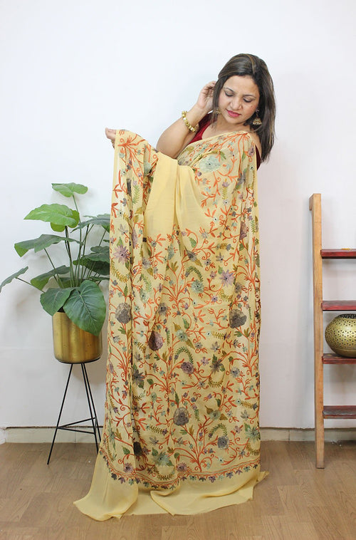 Cream Embroidered Kashmiri Aari Work Georgette Saree - Luxurion World