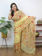 Cream Embroidered Kashmiri Aari Work Georgette Saree - Luxurion World