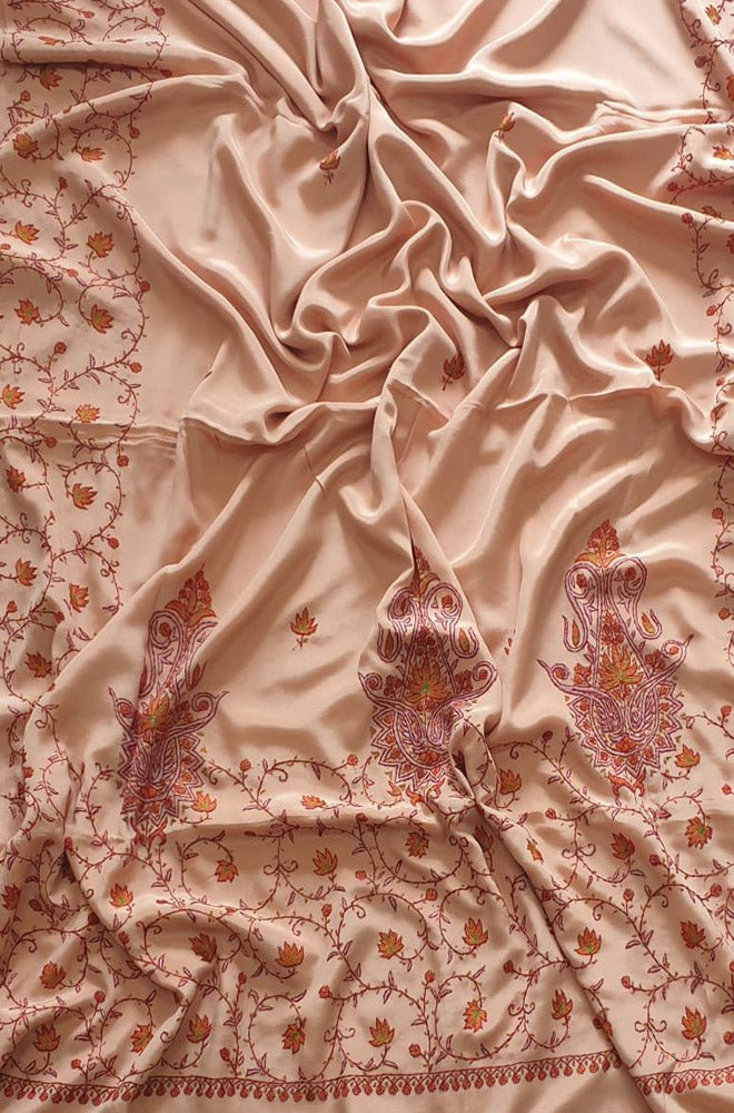 Cream Hand Embroidered Kashmiri Sozni Work Crepe Saree - Luxurion World