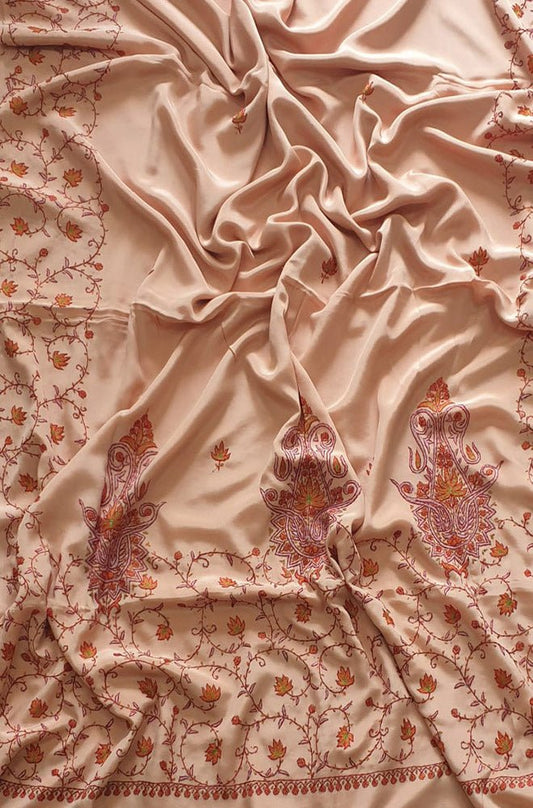 Cream Hand Embroidered Kashmiri Sozni Work Crepe Saree - Luxurion World