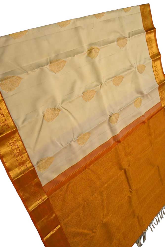 Cream Handloom Kanjeevaram Pure Silk Saree - Luxurion World