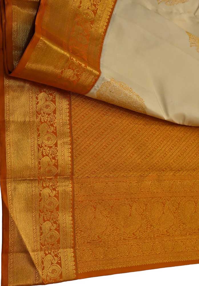 Cream Handloom Kanjeevaram Pure Silk Saree - Luxurion World