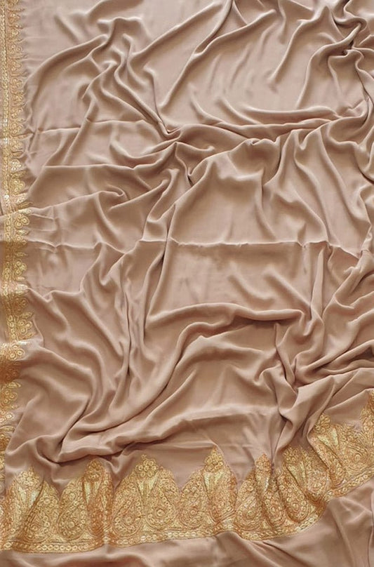 Cream Plain Embroidered Kashmiri Tila Work Crepe Saree - Luxurion World