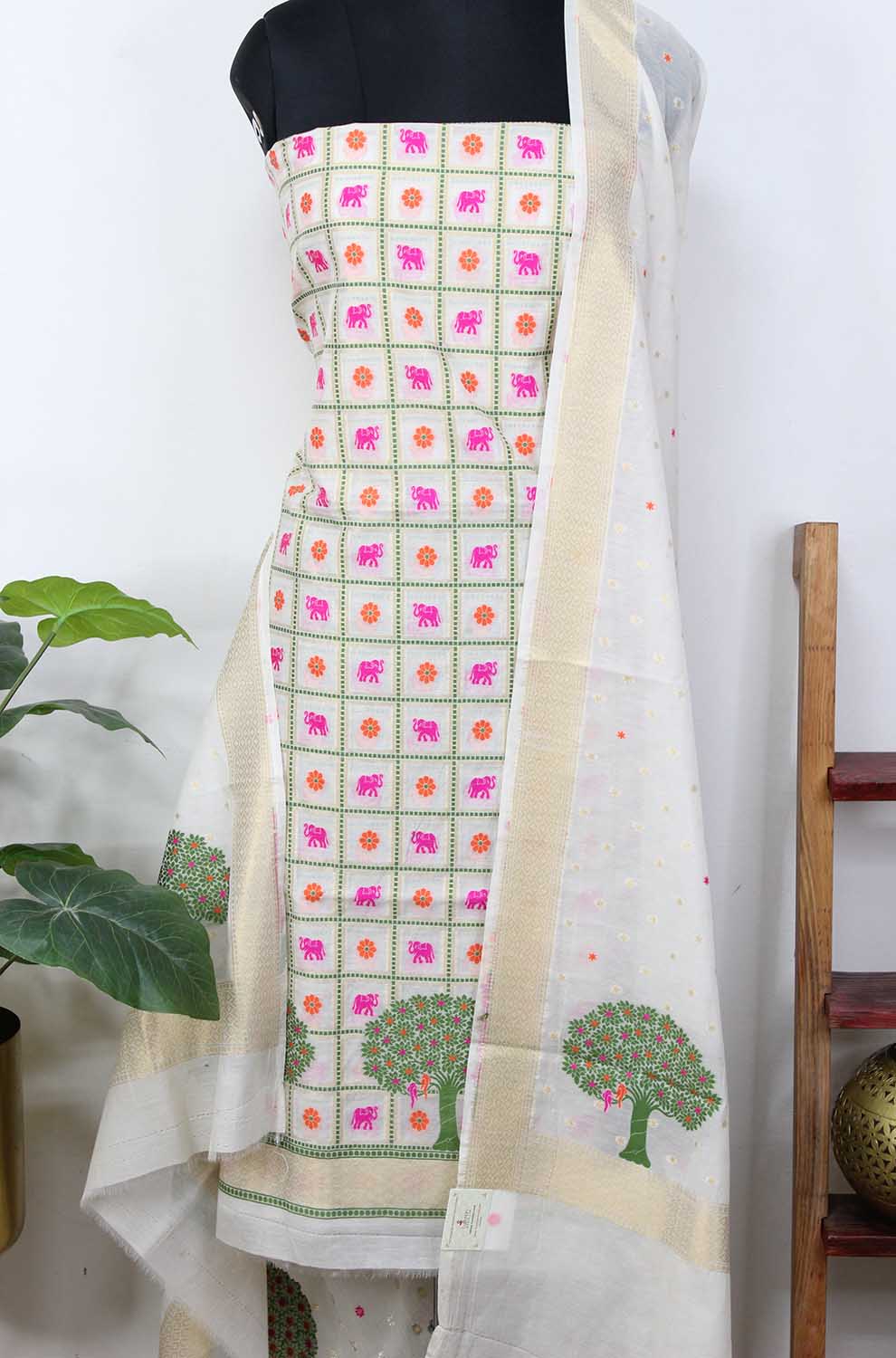 Dyeable Banarasi Cotton Meenakari Three Piece Unstitched Suit Set