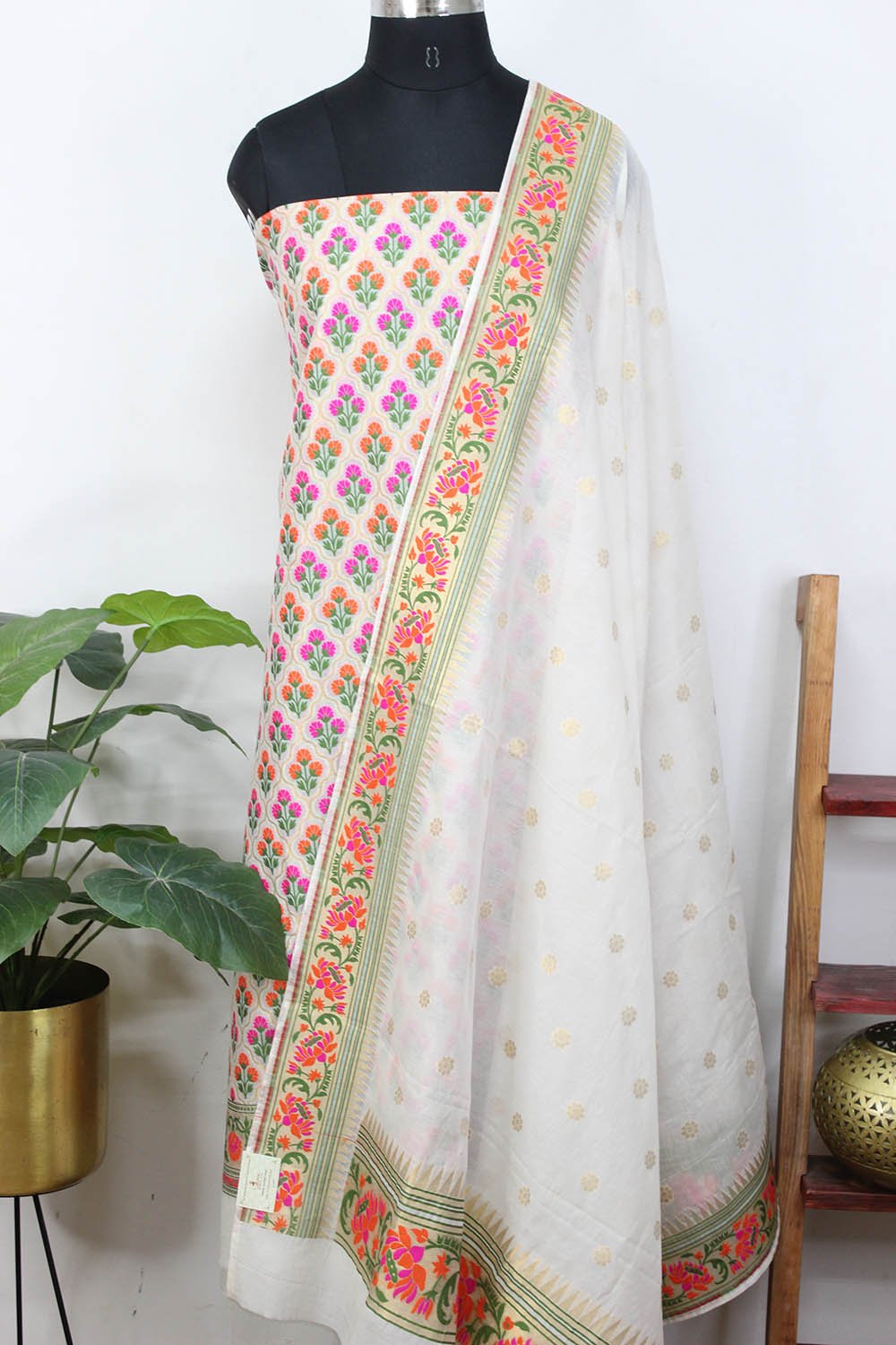 Dyeable Banarasi Meenakari Cotton Three Piece Unstitched Suit Set
