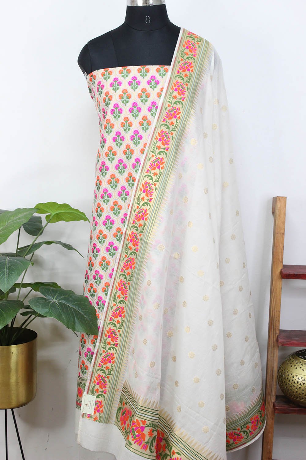 Dyeable Banarasi Meenakari Cotton Three Piece Unstitched Suit Set - Luxurion World