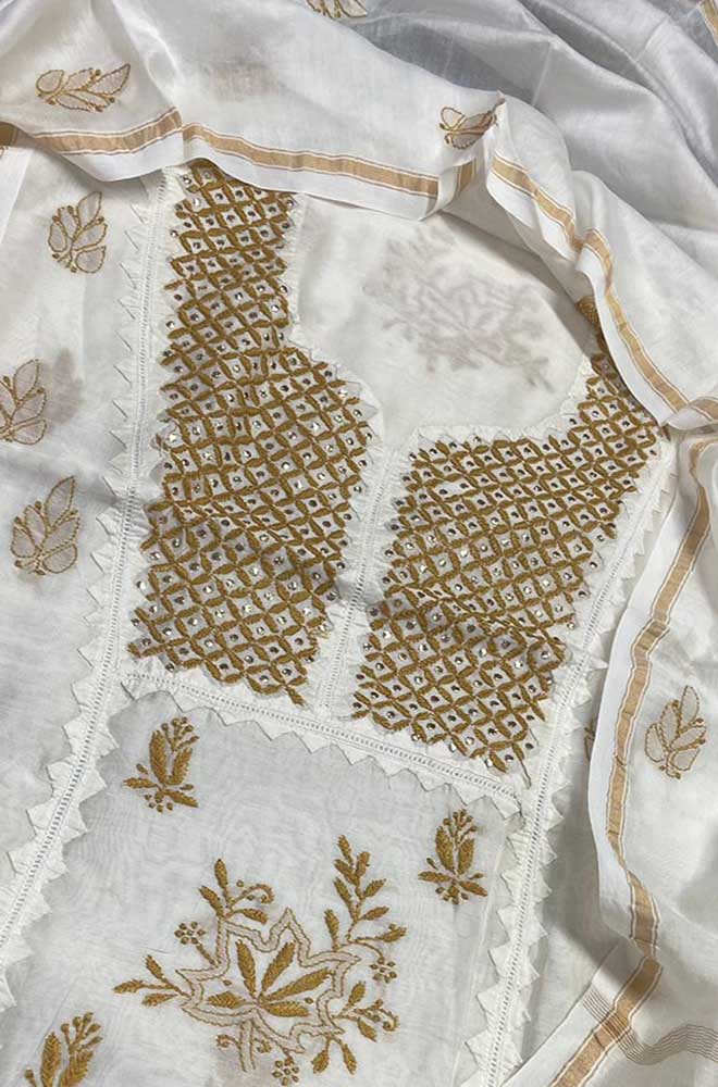 Dyeable Embroidered Chikankari Chanderi Silk Two Piece Unstitched Suit Set With Mukaish Work - Luxurion World