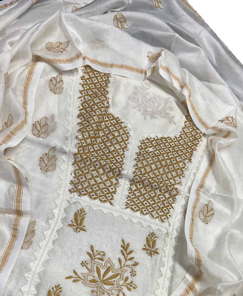 Dyeable Embroidered Chikankari Chanderi Silk Two Piece Unstitched Suit Set With Mukaish Work - Luxurion World