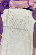Dyeable Embroidered Chikankari Chanderi Silk Two Piece Unstitched Suit Set With Mukaish Work - Luxurion World