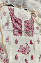 Dyeable Embroidered Chikankari Chanderi Silk Two Piece Unstitched Suit Set With Mukaish Work - Luxurion World