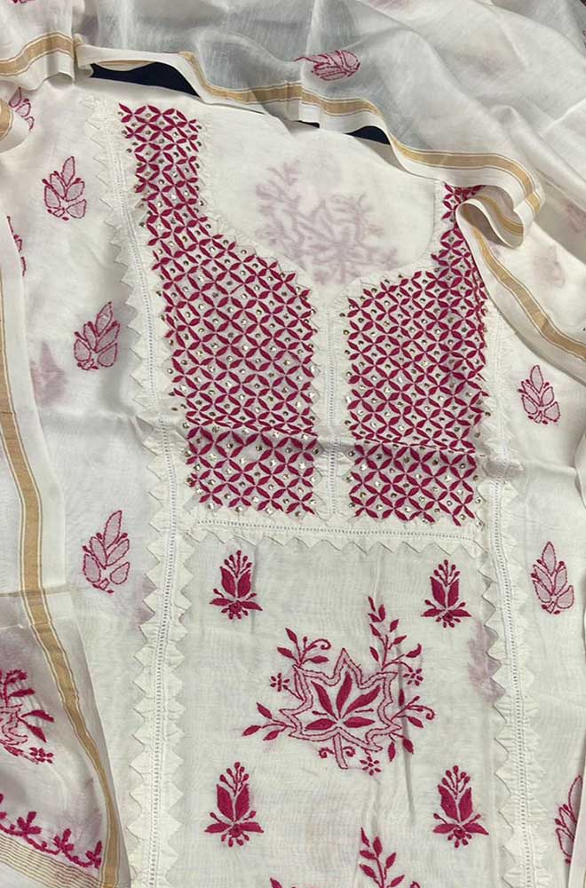 Dyeable Embroidered Chikankari Chanderi Silk Two Piece Unstitched Suit Set With Mukaish Work - Luxurion World