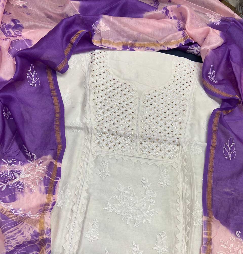 Dyeable Embroidered Chikankari Chanderi Silk Two Piece Unstitched Suit Set With Mukaish Work