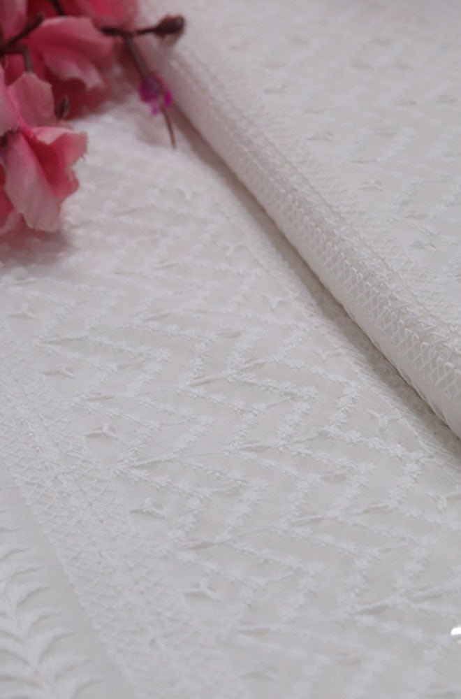 Off White Embroidered Chikankari Georgette Fabric (1 Mtr) - Luxurion World