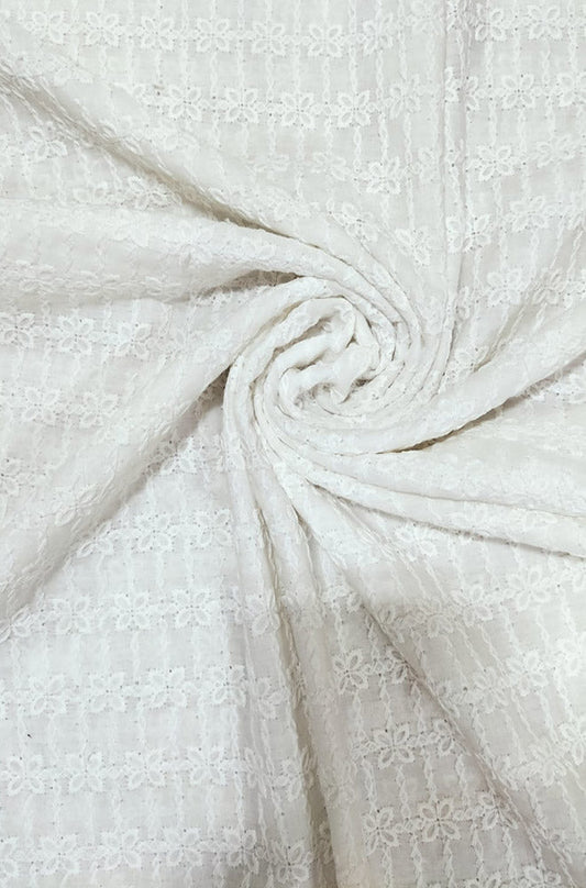 White Embroidered Chikankari Cotton Fabric (1 Mtr) - Luxurion World