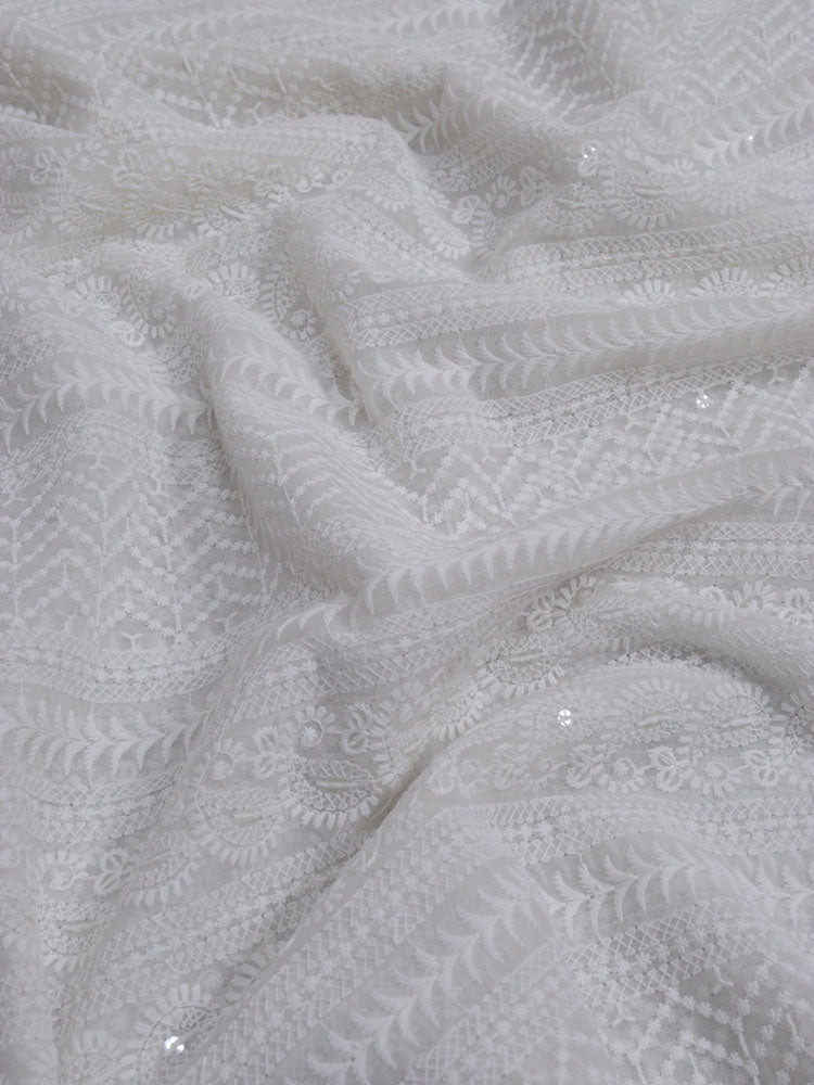 Off White Embroidered Chikankari Georgette Fabric (1 Mtr) - Luxurion World