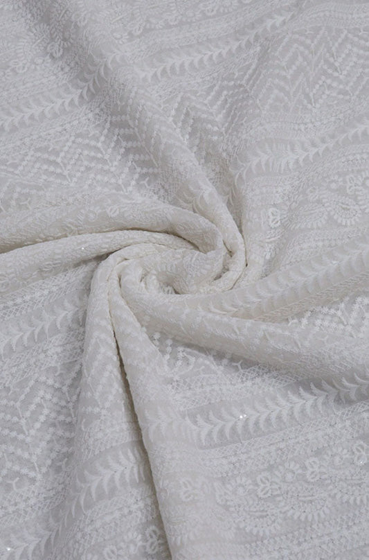 Off White Embroidered Chikankari Georgette Fabric (1 Mtr)