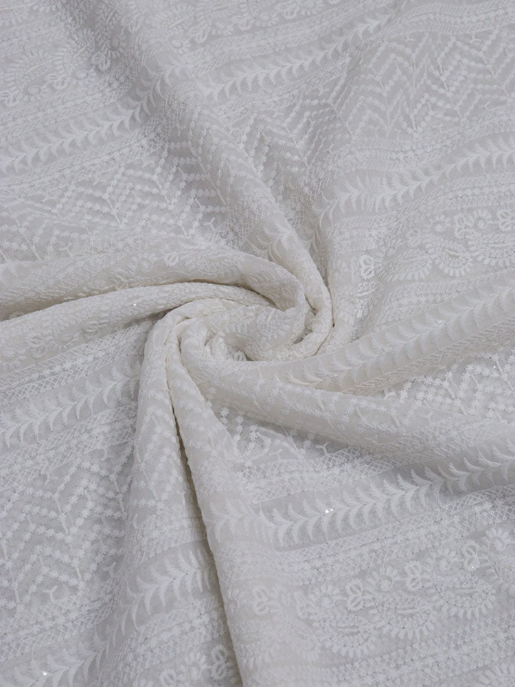 Off White Embroidered Chikankari Georgette Fabric (1 Mtr) - Luxurion World