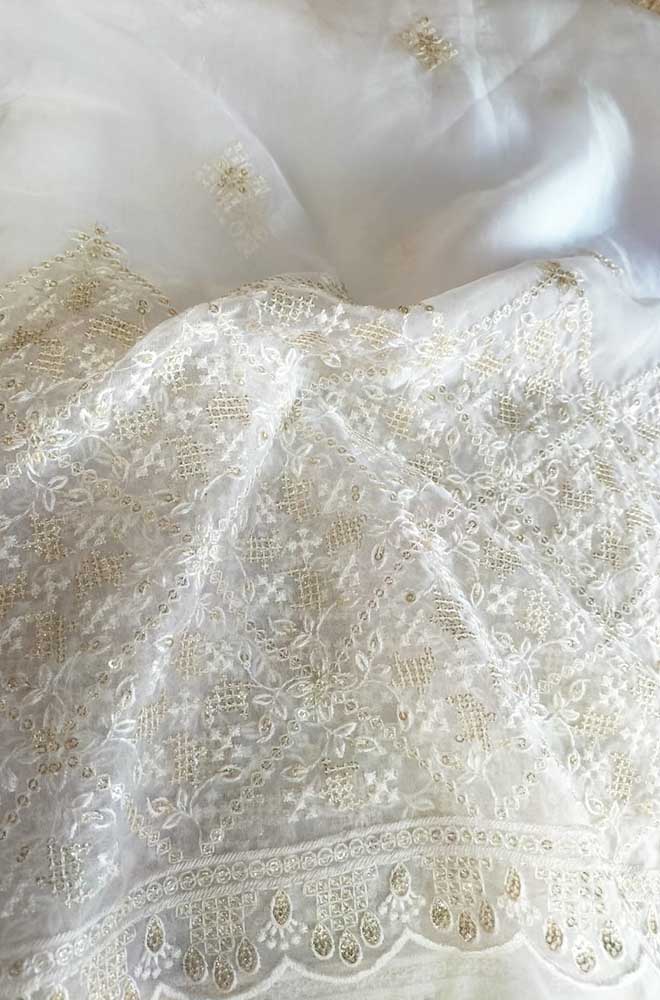 Dyeable Chikankari Embroidered Trendy Organza Sequins Work Fabric ( 1 Mtr )