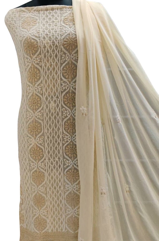 Dyeable Hand Embroidered Chikankari Chiffon Georgette Three Piece Unstitched Suit Set - Luxurion World