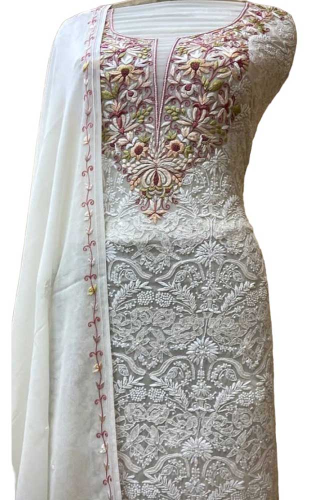 Dyeable Hand Embroidered Chikankari Georgette Two Piece Unstitched Suit Set - Luxurion World