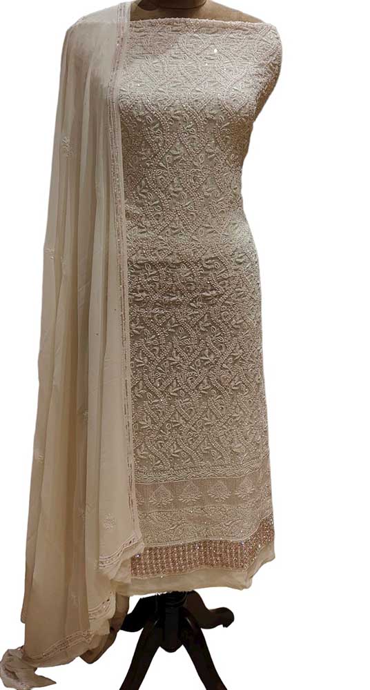 Dyeable Hand Embroidered Chikankari Georgette Two Piece Unstitched Suit Set - Luxurion World
