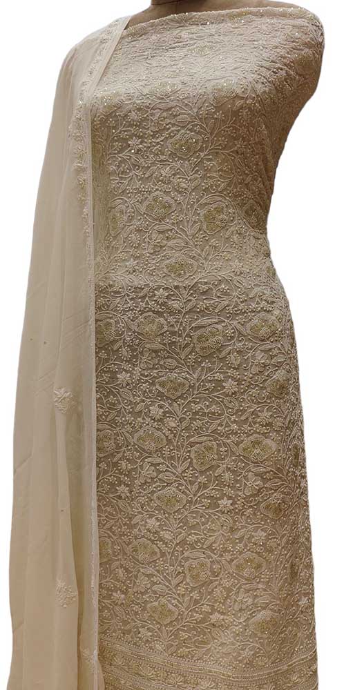 Dyeable Hand Embroidered Chikankari Georgette Two Piece Unstitched Suit Set - Luxurion World