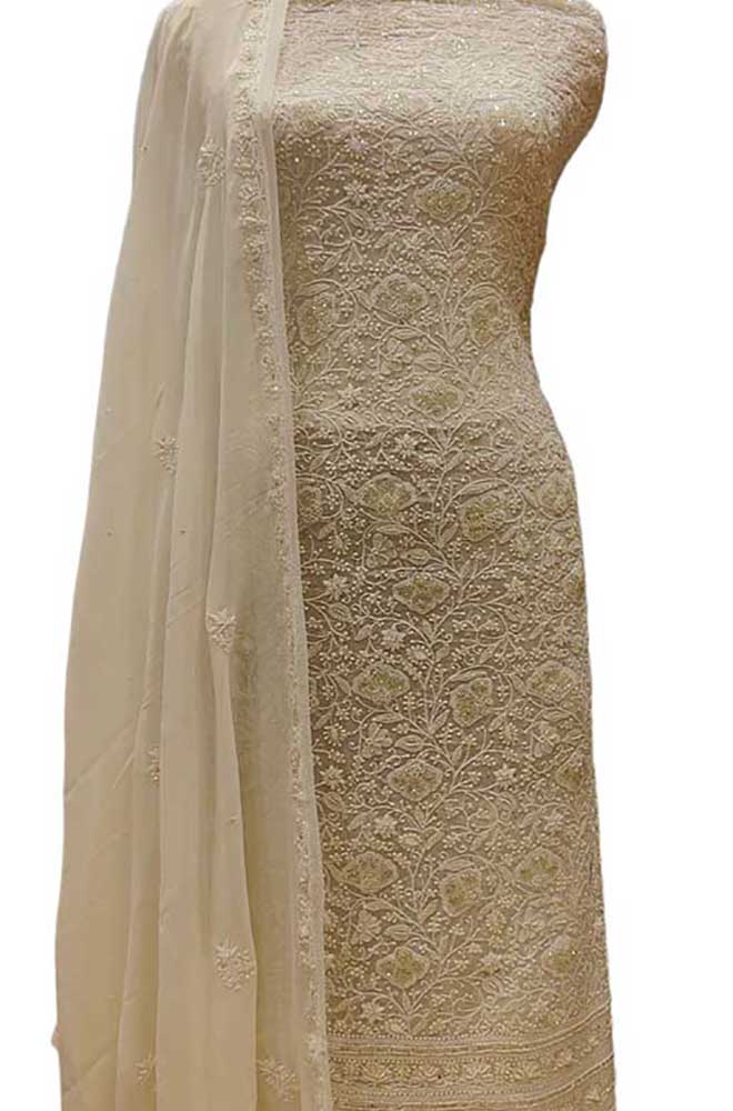 Dyeable Hand Embroidered Chikankari Georgette Two Piece Unstitched Suit Set - Luxurion World