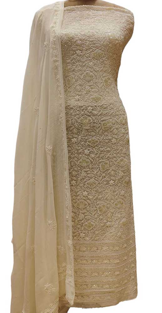 Dyeable Hand Embroidered Chikankari Georgette Two Piece Unstitched Suit Set - Luxurion World