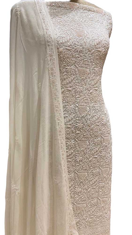 Dyeable Hand Embroidered Chikankari Georgette Two Piece Unstitched Suit Set - Luxurion World