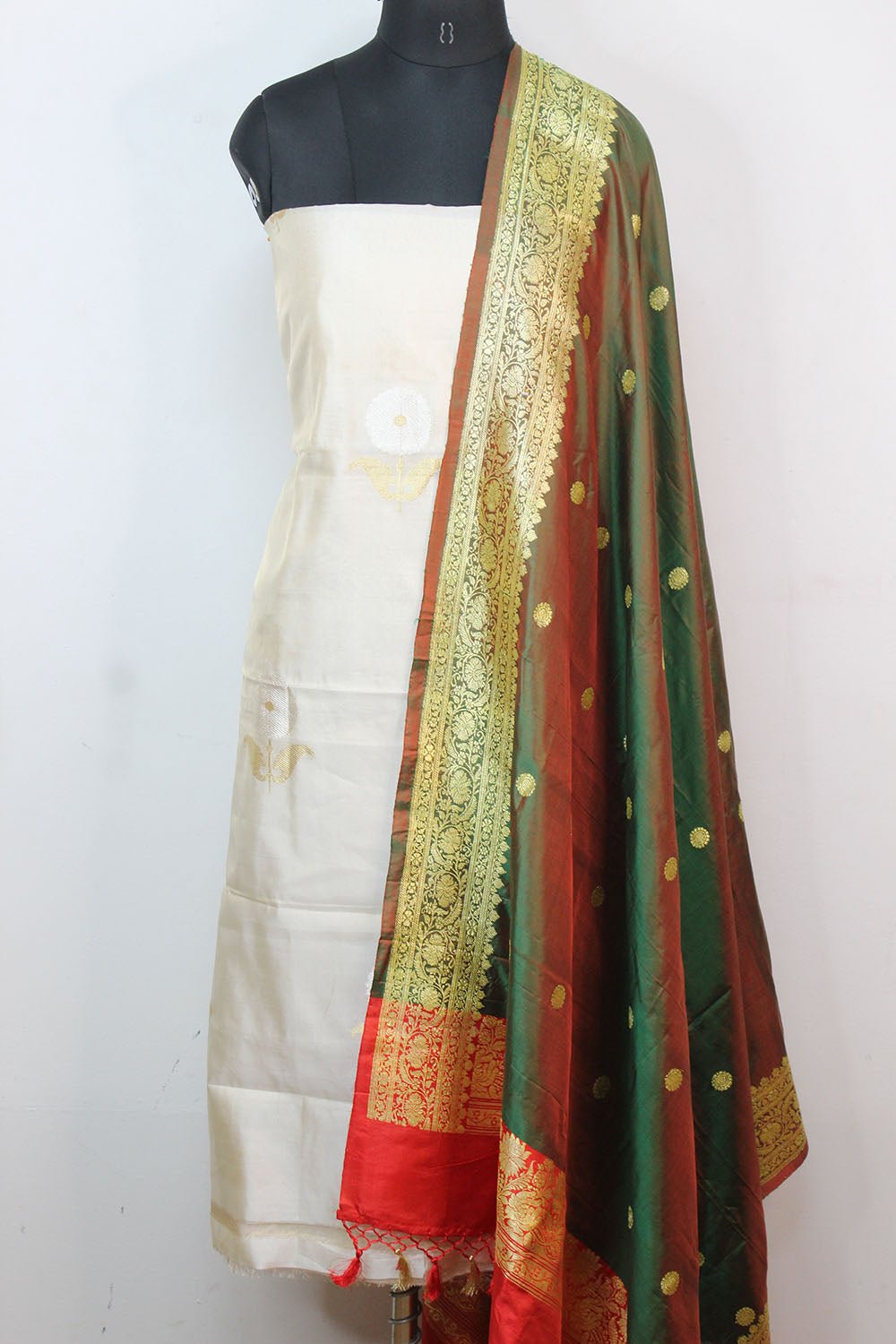 Dyeable Handloom Banarasi Tissue Katan Silk Suit With Green Banarasi Pure Katan Silk Dupatta - Luxurion World